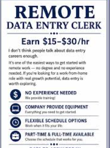Remote Data Entry Clerk Job: Salary: $20 - $28/per hour
